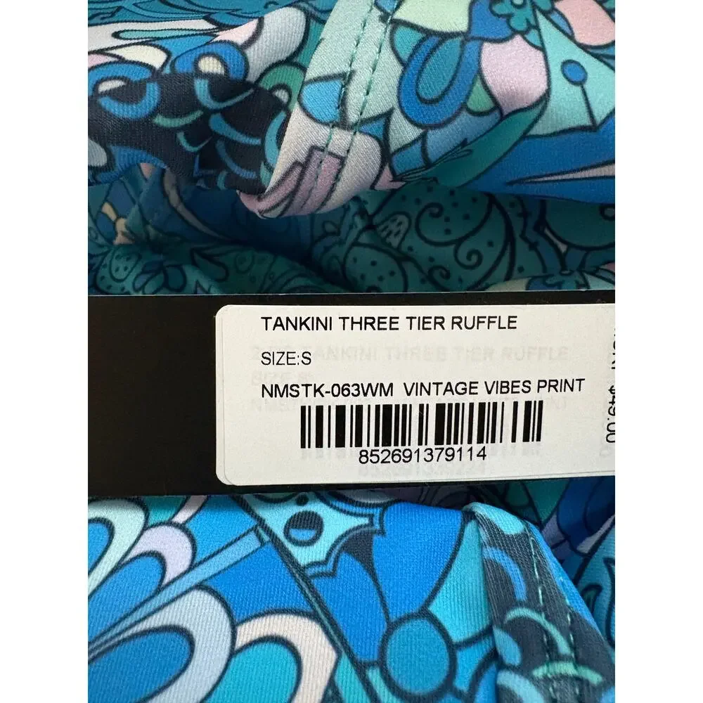 New Nicole Miller Studio Tiered Blue Ruffle Tankini Top Small